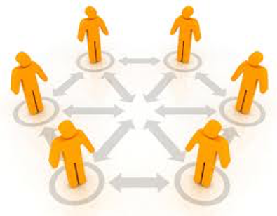 illustration of peers exchanging information.
yellow stick figures
