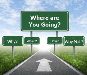 Road leading to the future with a question (where are you going?)
Why? When? How? Why not?